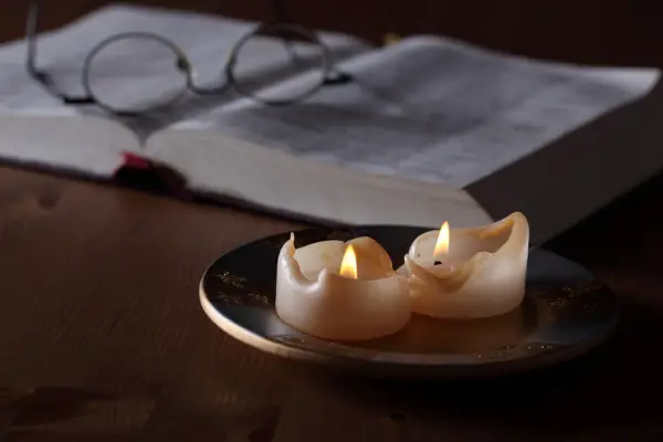 A photo of 2 wax candles that have burnt to leftover wax
